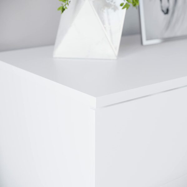 White 5-drawer chest with metal handles and anti-bowing support, ideal for bedroom storage