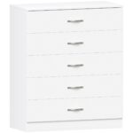 White 5-drawer chest with metal handles and anti-bowing support, ideal for bedroom storage