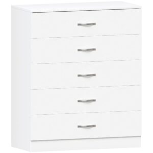 White 5-drawer chest with metal handles and anti-bowing support, ideal for bedroom storage