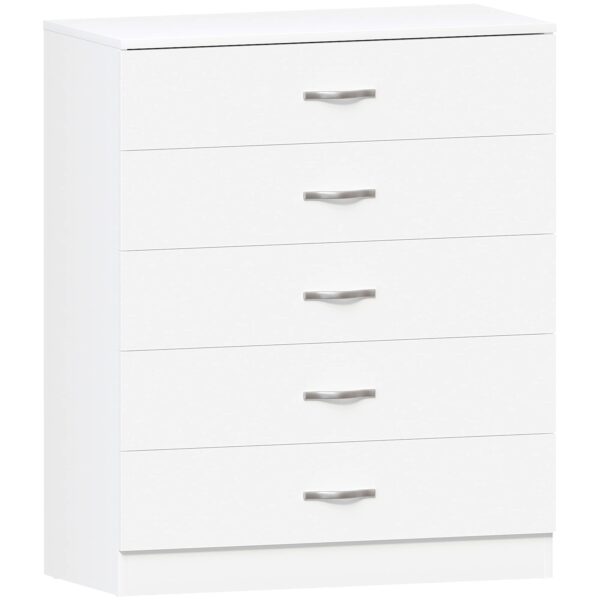 White 5-drawer chest with metal handles and anti-bowing support, ideal for bedroom storage
