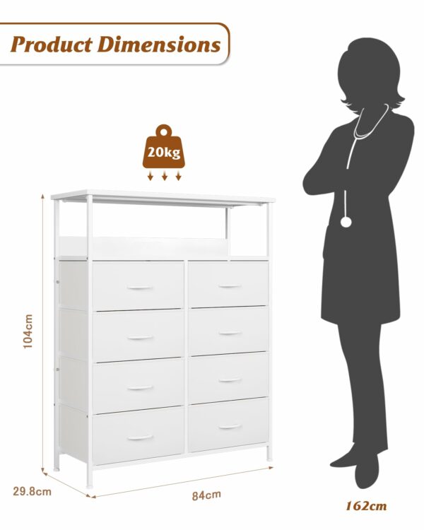 White chest with 8 drawers and shelves for versatile storage in bedroom and living room