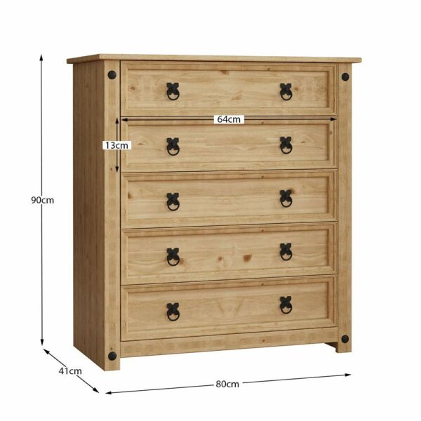 Rustic Solid Pine Chest of Drawers with 5 Storage Drawers