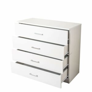 White 4-drawer chest with anti-bowing support, easy to assemble, ideal for bedroom storage