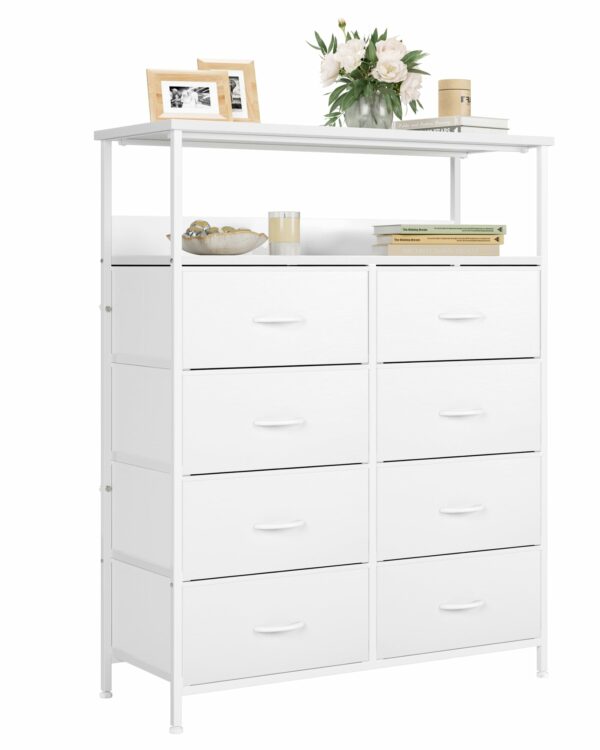 White chest with 8 drawers and shelves for versatile storage in bedroom and living room