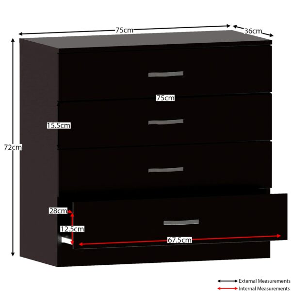 Black Chest of Drawers – 4 Drawers, Metal Handles & Anti-Bowing Support