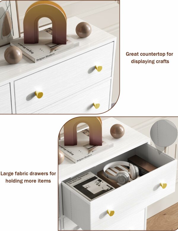 White chest of drawers with 8 fabric drawers and gold handles for elegant storage