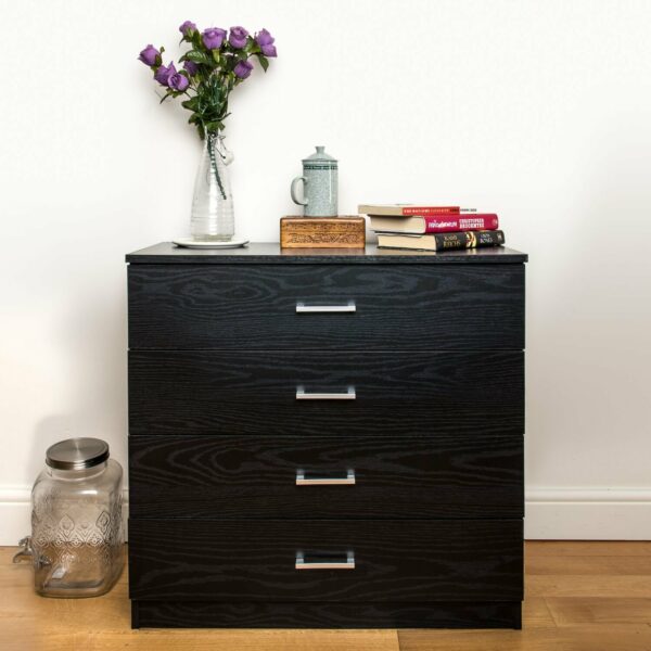 Black 4-drawer chest, sturdy with anti-bow support, perfect for bedroom storage