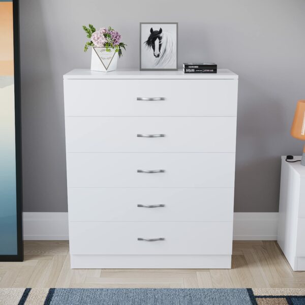 White 5-drawer chest with metal handles and anti-bowing support, ideal for bedroom storage