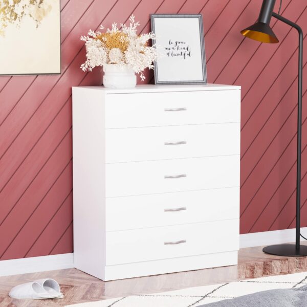 White 5-drawer chest with metal handles and anti-bowing support, ideal for bedroom storage