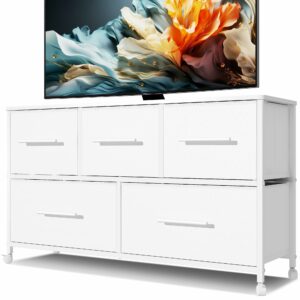 White fabric dresser with 5 drawers and wheels for home storage