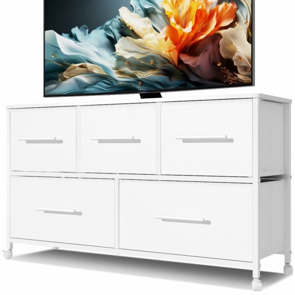 White fabric dresser with 5 drawers and wheels for home storage