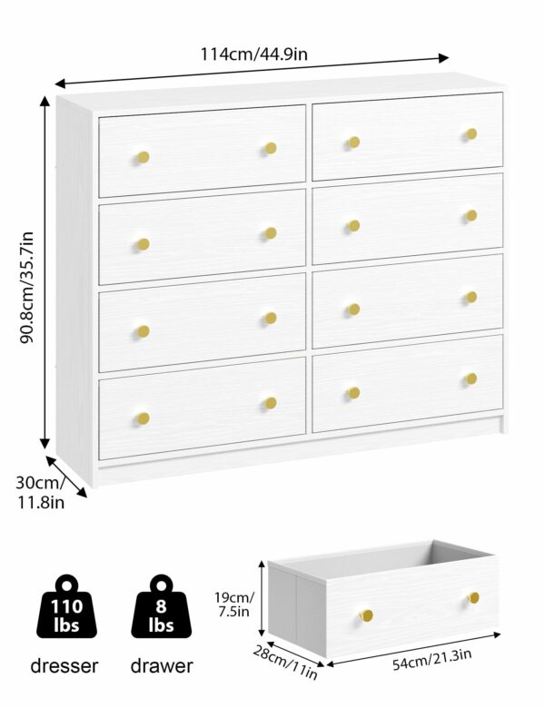 White chest of drawers with 8 fabric drawers and gold handles for elegant storage