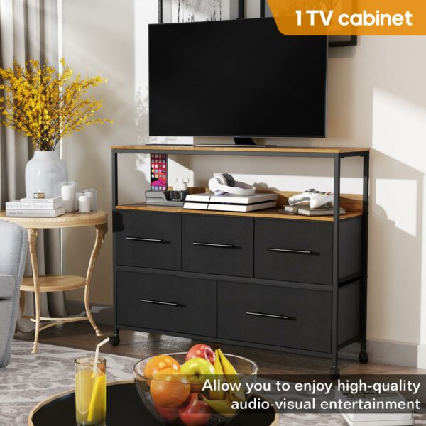 Black chest with 5 fabric drawers, charging station, storage shelf, and wheels