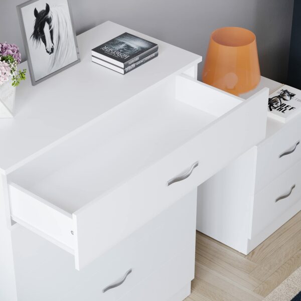 White 5-drawer chest with metal handles and anti-bowing support, ideal for bedroom storage