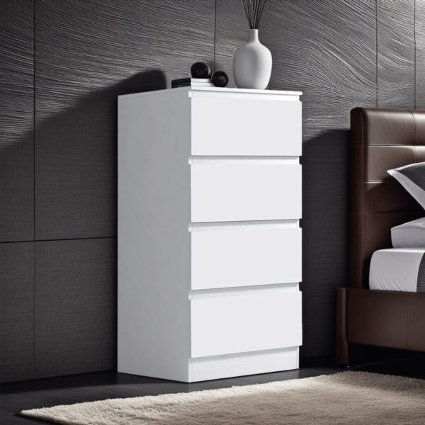 Matt white slim tall chest of drawers, 4 drawers