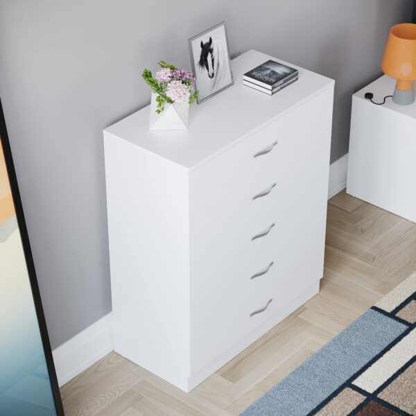 White 5-drawer chest with metal handles and anti-bowing support, ideal for bedroom storage