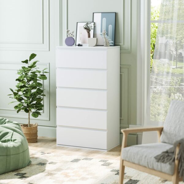 White 5-Drawer Tall Chest – Bedroom - Living Room Storage