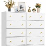 White chest of drawers with 8 fabric drawers and gold handles for elegant storage