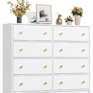White chest of drawers with 8 fabric drawers and gold handles for elegant storage