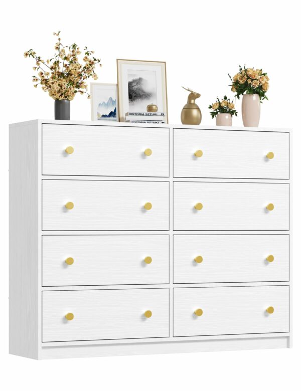 White chest of drawers with 8 fabric drawers and gold handles for elegant storage