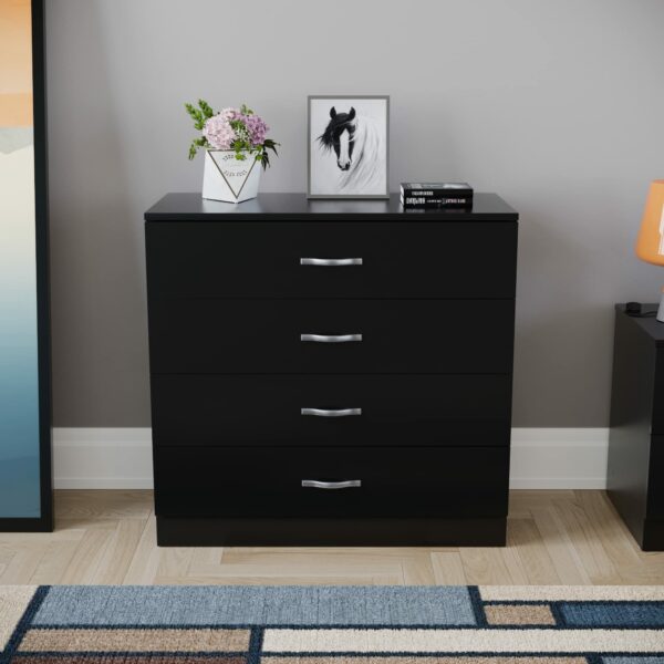 Black Chest of Drawers – 4 Drawers, Metal Handles & Anti-Bowing Support