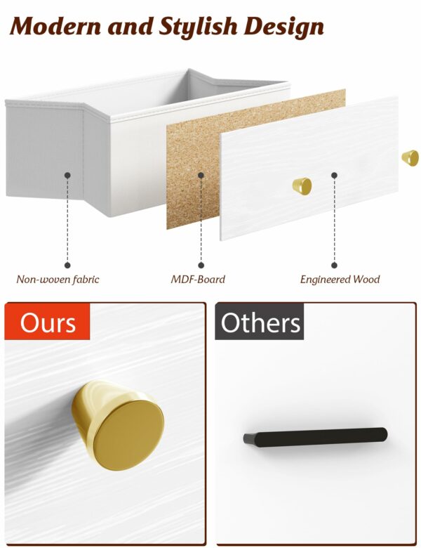White chest of drawers with 8 fabric drawers and gold handles for elegant storage