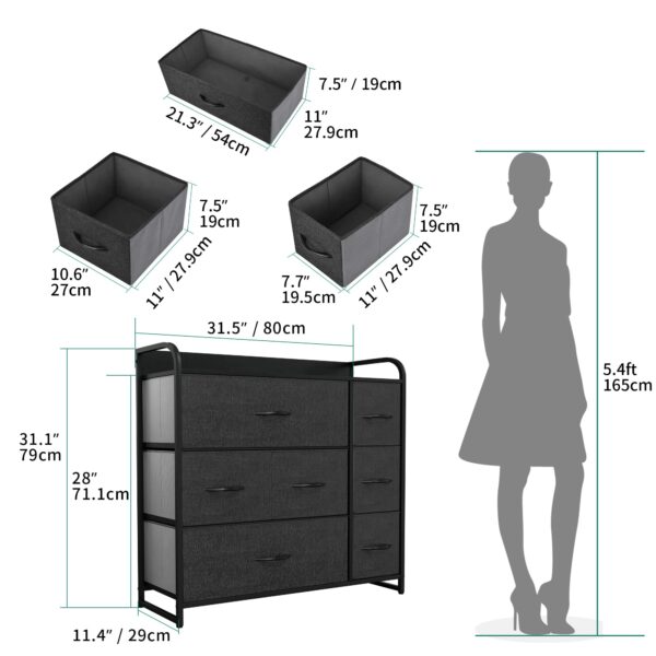 Fabric chest with 7 drawers, steel frame, and wooden top for stylish storage