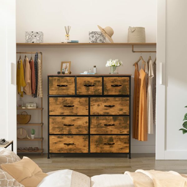 Large Fabric Dresser with Wooden Top – 9 Drawers, Easy Assembly, Sepia Design