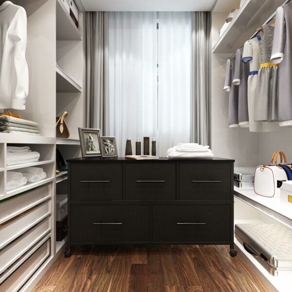 Stylish 5-drawer fabric chest with castors for easy storage and mobility in any room
