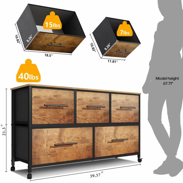 Retro 5-drawer fabric chest with wheels, ideal for bedroom and living room storage