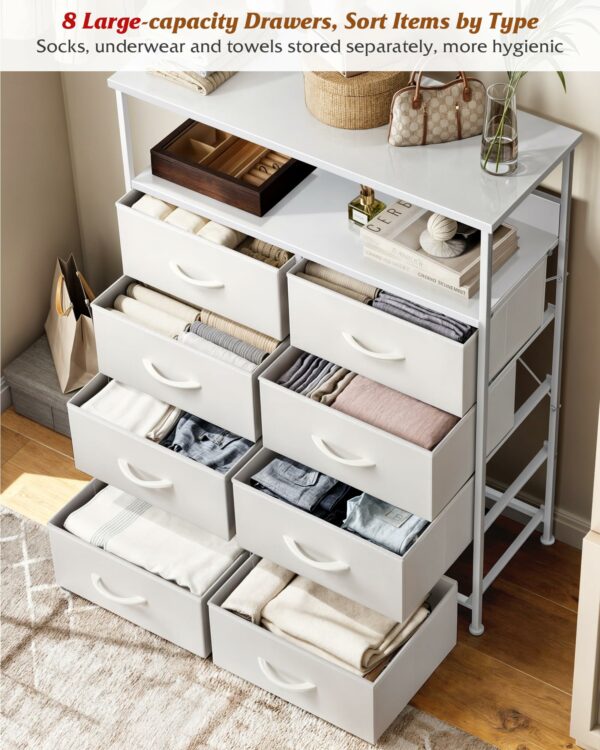White chest with 8 drawers and shelves for versatile storage in bedroom and living room