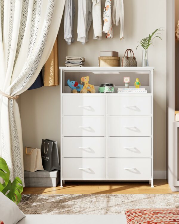White chest with 8 drawers and shelves for versatile storage in bedroom and living room