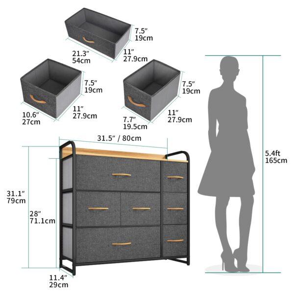 Fabric chest with 7 drawers, steel frame, and wooden top for easy storage