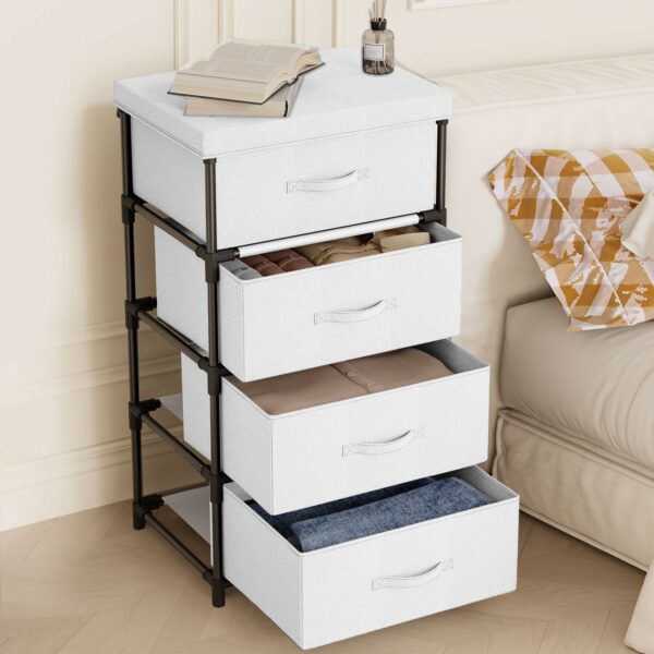 Fabric Chest of Drawers with 4 Spacious Drawers and Steel Frame – White