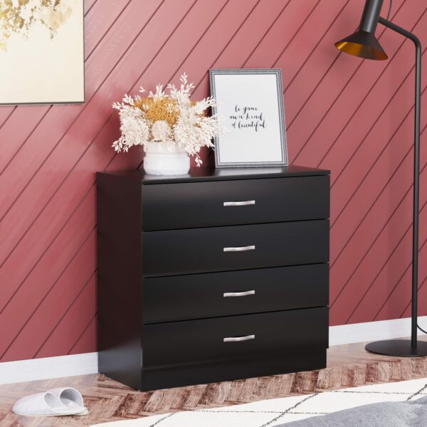 Black Chest of Drawers – 4 Drawers, Metal Handles & Anti-Bowing Support