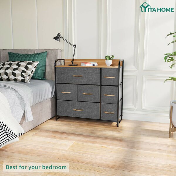 Fabric chest with 7 drawers, steel frame, and wooden top for easy storage