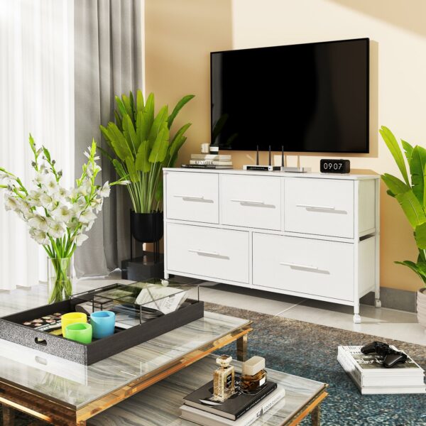 White fabric dresser with 5 drawers and wheels for home storage