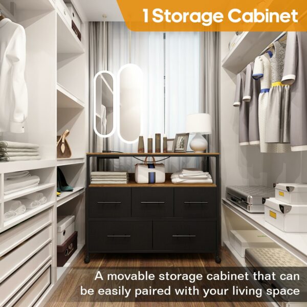 Black chest with 5 fabric drawers, charging station, storage shelf, and wheels