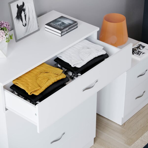 White 5-drawer chest with metal handles and anti-bowing support, ideal for bedroom storage