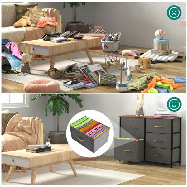 Fabric chest with 5 spacious drawers, steel frame, and wooden top – ideal for bedroom and living room storage