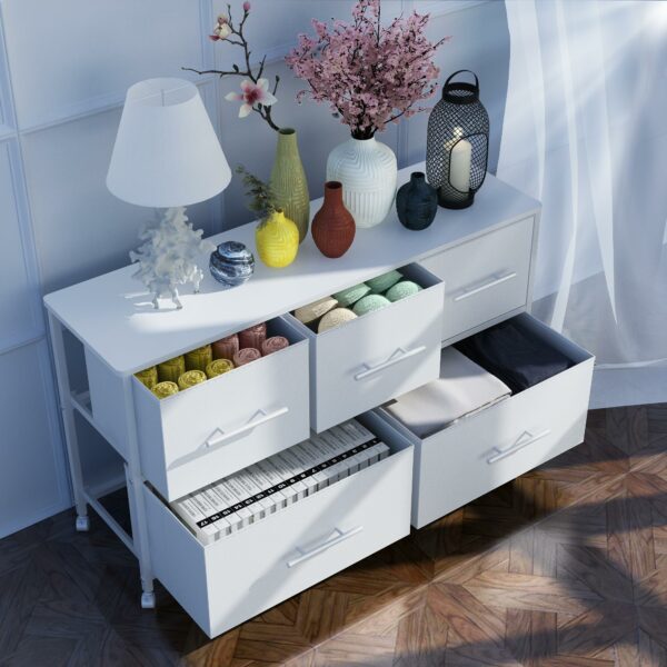 White fabric dresser with 5 drawers and wheels for home storage