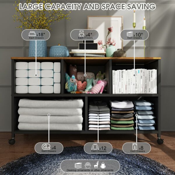 Retro 5-drawer fabric chest with wheels, ideal for bedroom and living room storage