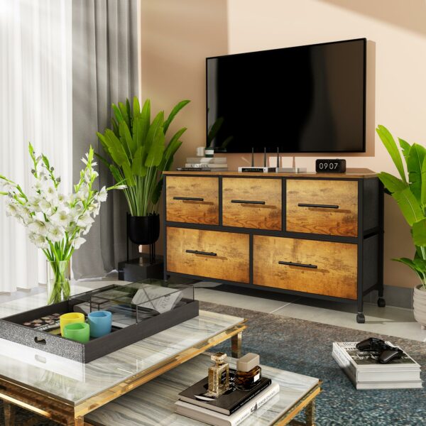 Retro 5-drawer fabric chest with wheels, ideal for bedroom and living room storage