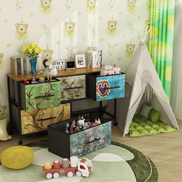 Chest of drawers with 5 fabric drawers and wheels for easy storage