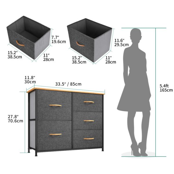 Fabric chest with 5 spacious drawers, steel frame, and wooden top – ideal for bedroom and living room storage