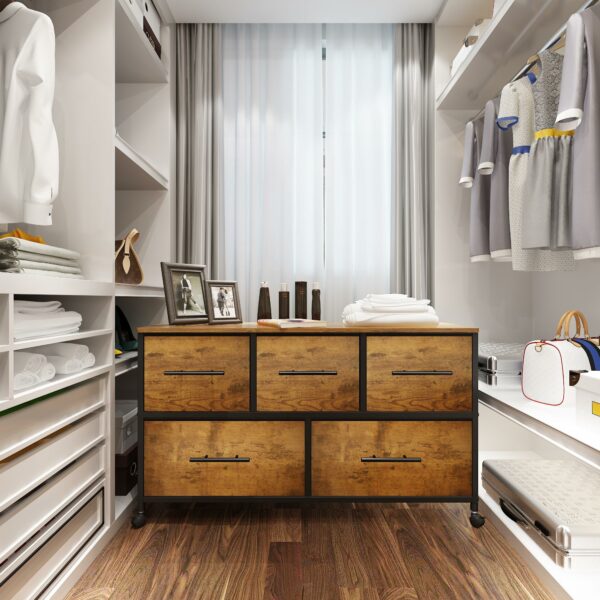 Retro 5-drawer fabric chest with wheels, ideal for bedroom and living room storage