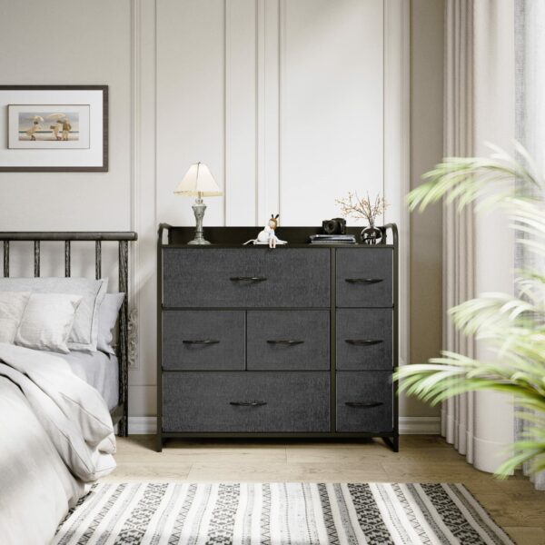 Fabric chest with 7 drawers, steel frame, and wooden top for stylish storage