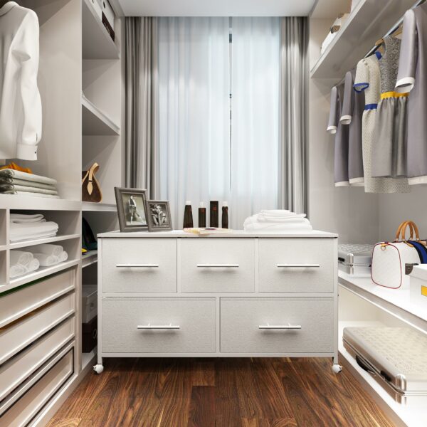 White fabric dresser with 5 drawers and wheels for home storage