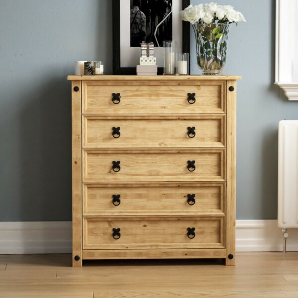 Rustic Solid Pine Chest of Drawers with 5 Storage Drawers