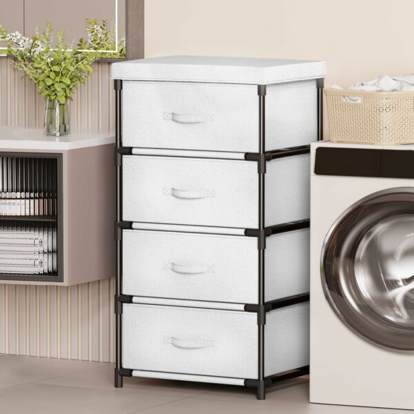 Fabric Chest of Drawers with 4 Spacious Drawers and Steel Frame – White